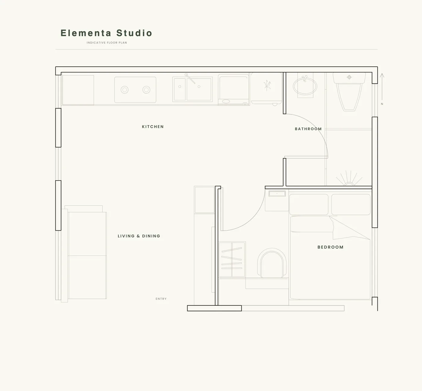 Indicative floor plan of the Elementa Studio — kitchen, living and dining, bathroom, bedroom and entry.